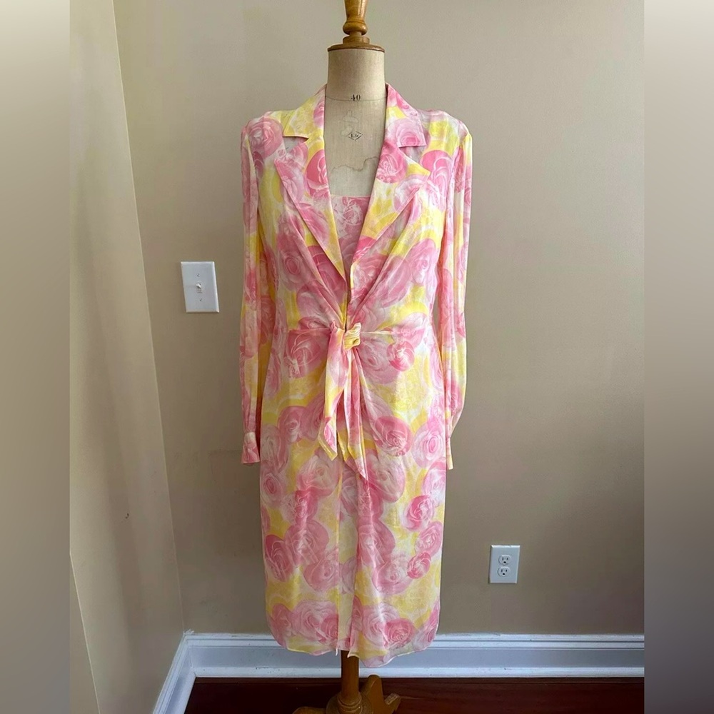 Escada Rose Sleeveless Dress & Sheer Wrap Jacket Set Floral Print size 38 US 8
